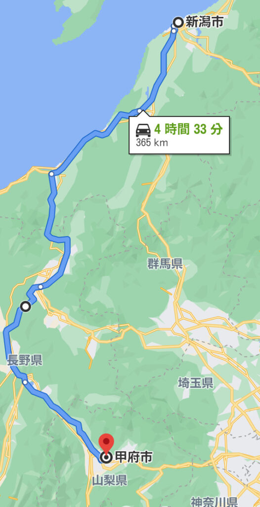 新潟➔富山➔長野方面から山梨ルート